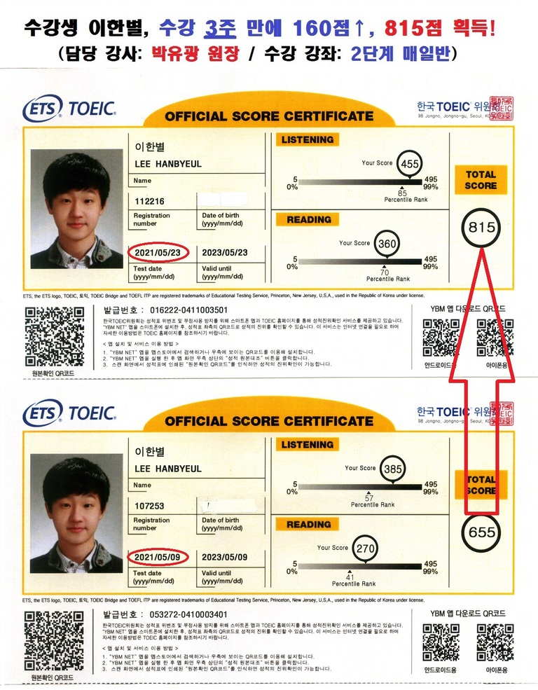 수강생 이한별 토익 성적표